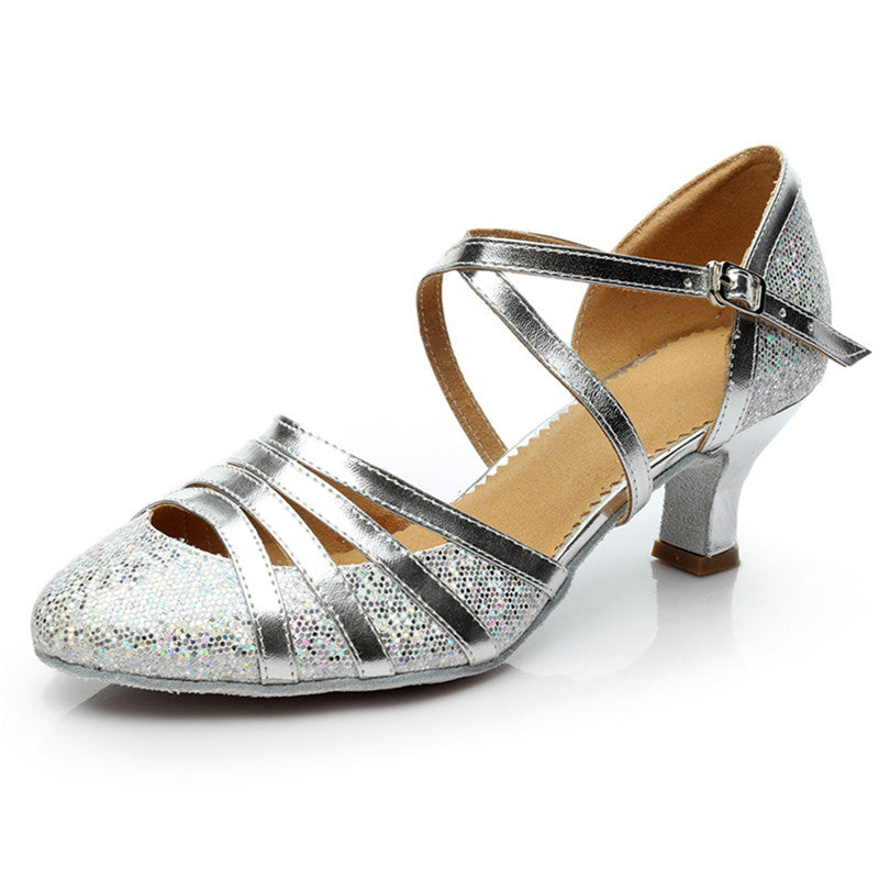 Ladies Soft-Soled Bright Leather Mid-High-Heeled Modern Dance Shoes Latin Dance Shoes
