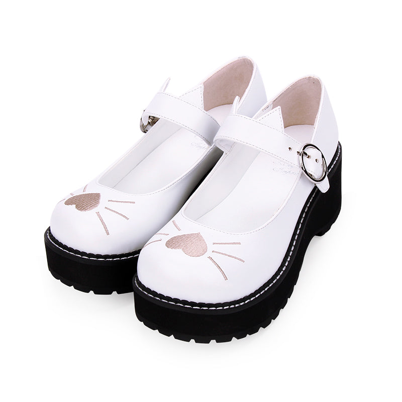 Round Toe Lolita Original Embroidery Cat Love Platform Shoes