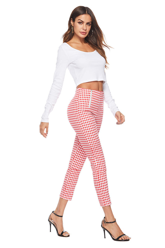 Black and white checked zipper trousers
