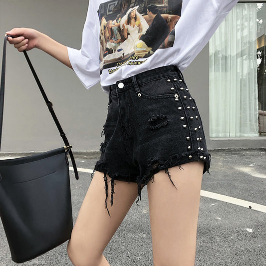 Hem high waist wide leg black shorts