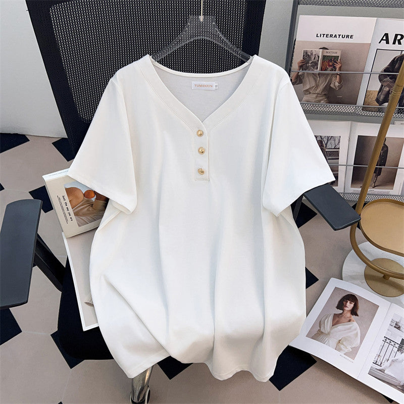V-neck New Plus-sized Plus Size Slimming Loose Mid-length Short Sleeve