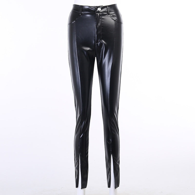 Women's Tight-Fitting Casual Mid-Waist Leather Trousers