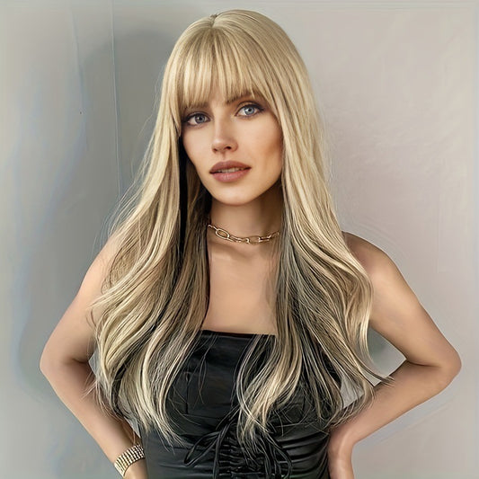 Long Wavy Curly Black Blonde Highlights Synthetic Mixed Wig Head Cover