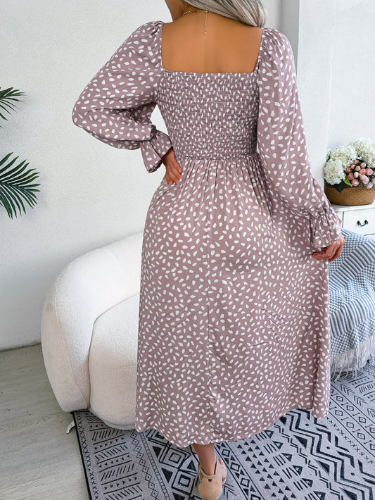 Women Square Neck Long Sleeve Vacation Rayon Pleated Maxi Dress