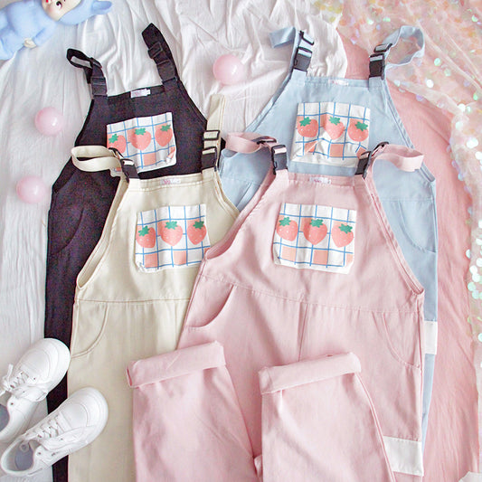 Girly Japanese small cream strawberry high waist jumpsuit