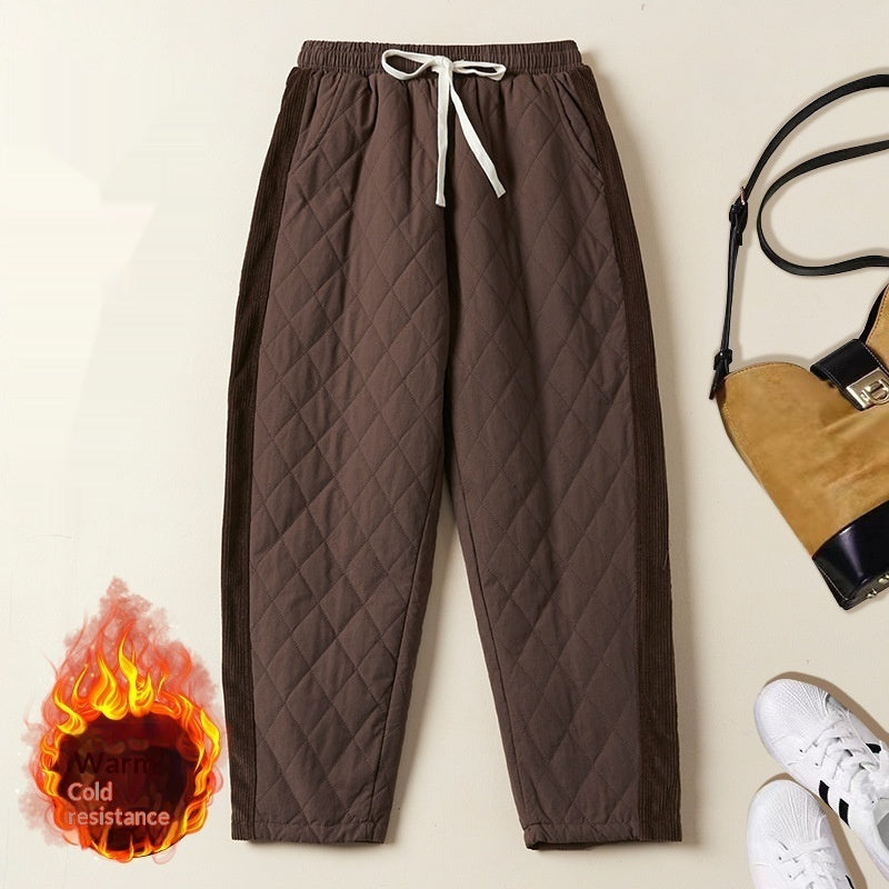 Womens Retro Diamond-Quilted Elastic-Waist Thermal Pants