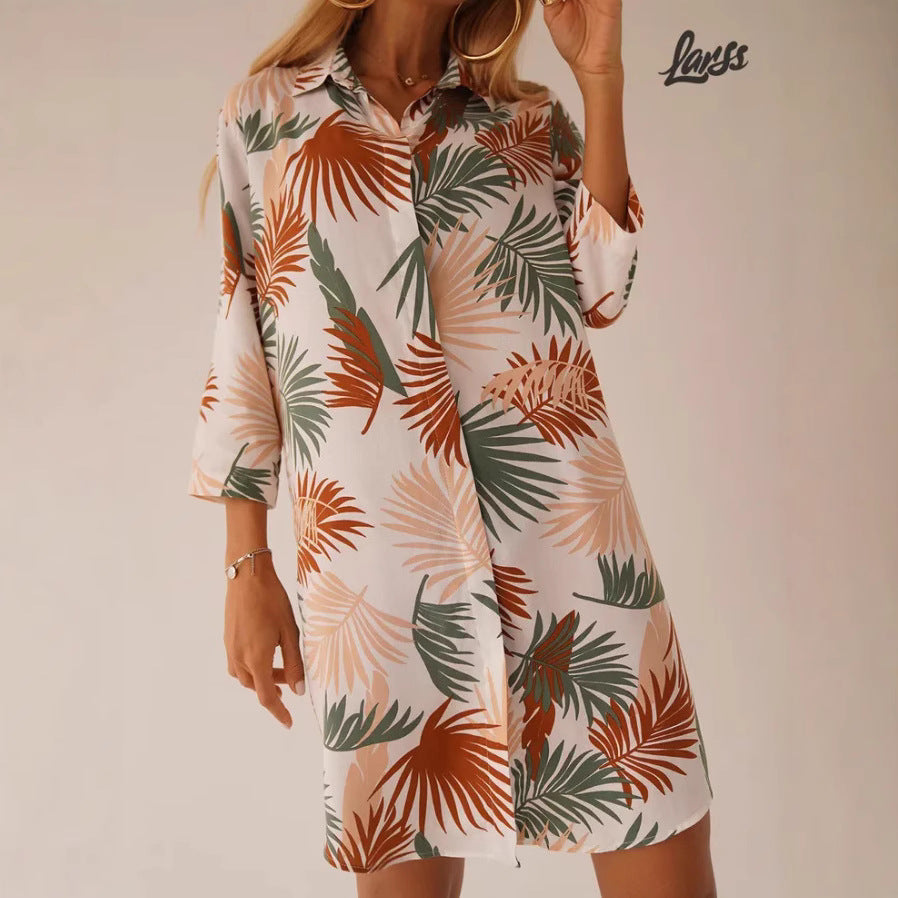 Fashionable Printed Lapel Cardigan Dress