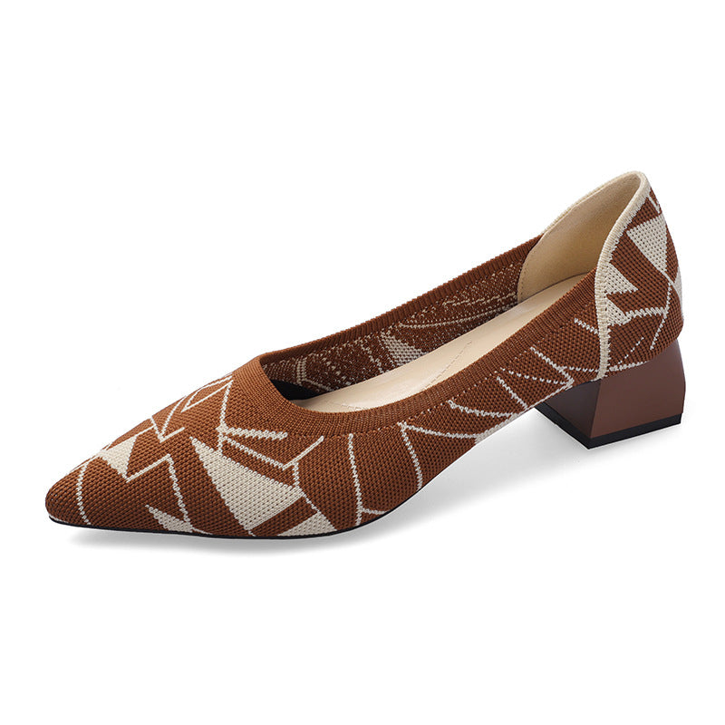 Shallow One-foot Thick-heel Mid-heel Knitted Shoes