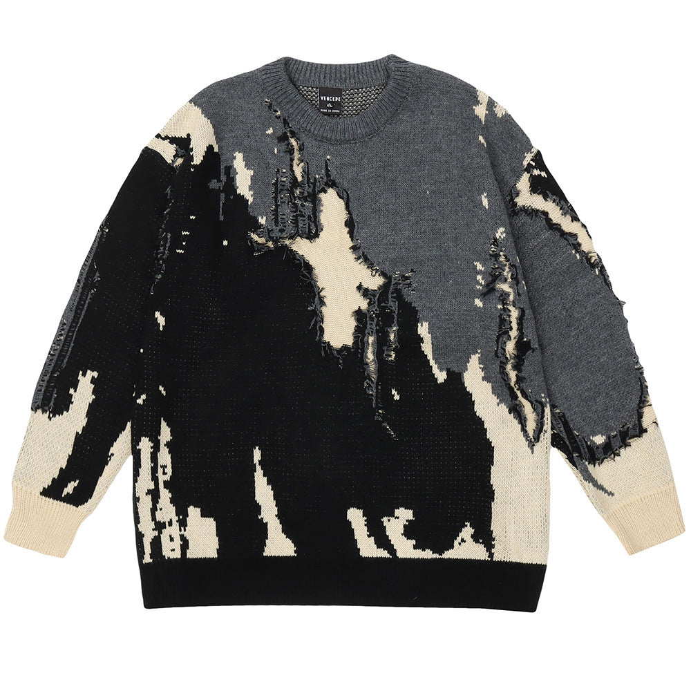 Men's Crochet Ripped Crew Neck Sweater