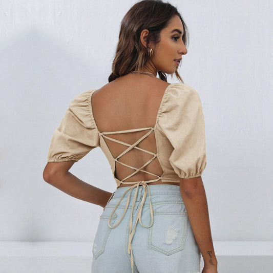 Square Neck Lantern Sleeve Solid Color Backless Tie T-shirt