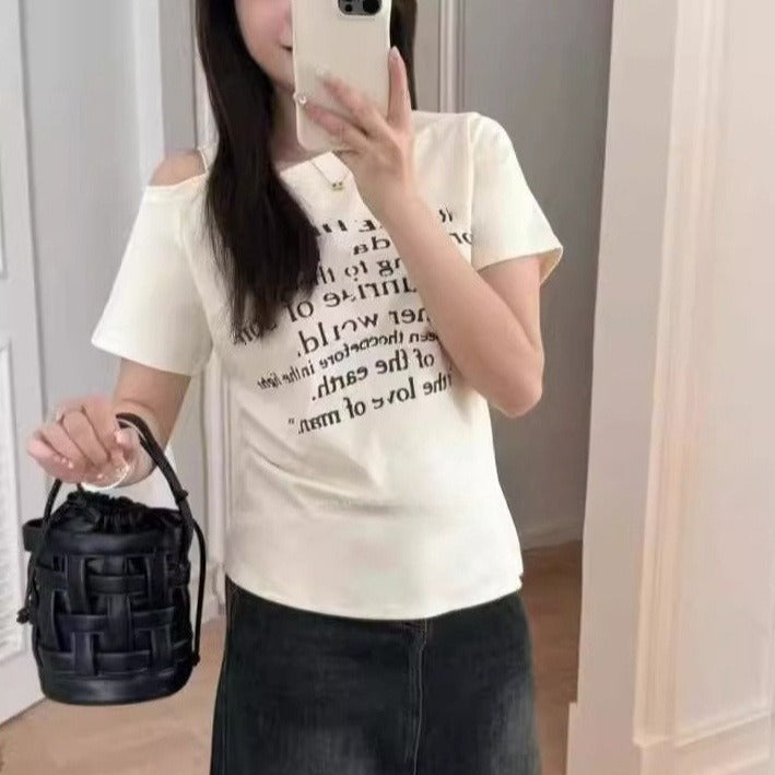 Korean-style Fashionable Letter-printed Off-shoulder Short-sleeve T-shirt