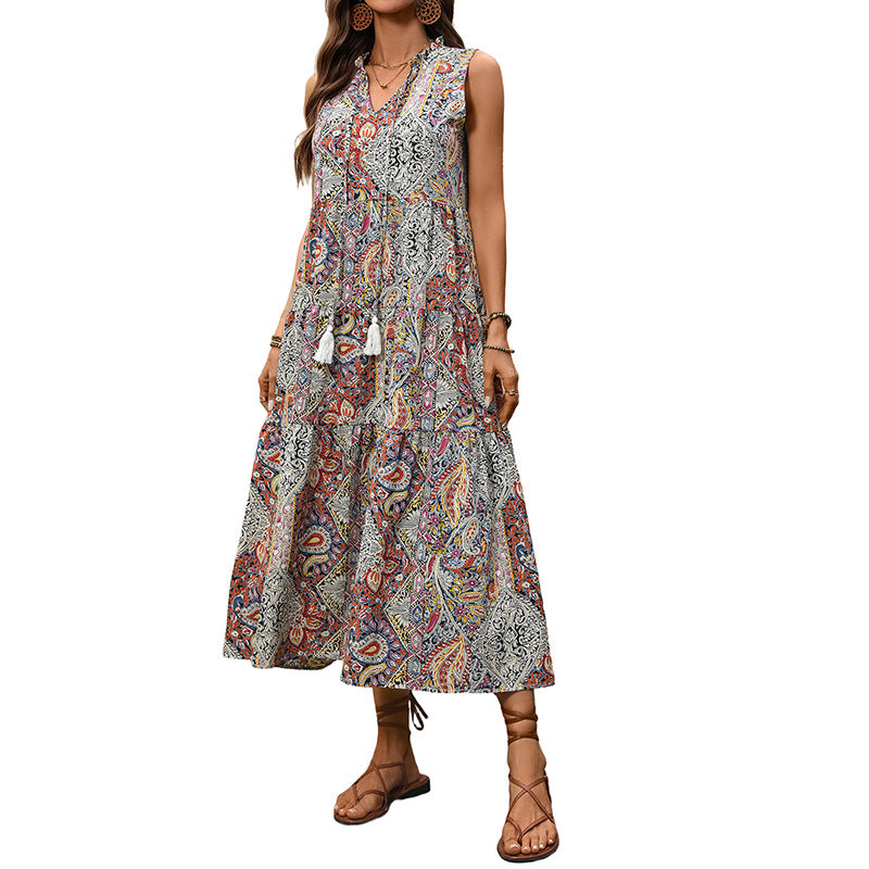 Womens Casual Retro Tassel Sleeveless Dress