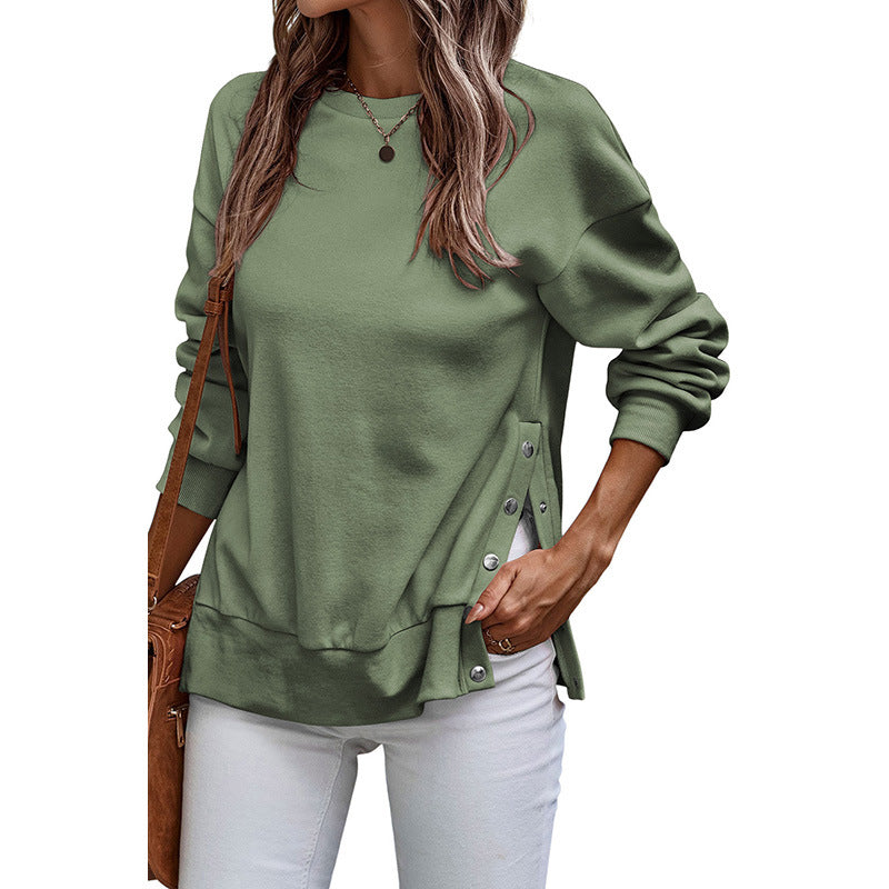 Solid Color Pullover Women's European And American Leisure Style Slit Loose Flab Hiding Long Sleeve Bathroom