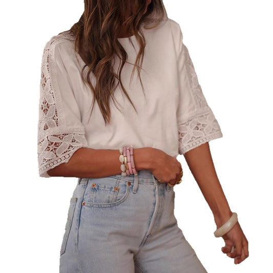 Exquisite Round-neck Short-sleeve Batwing Hollow Lace Trim Blouse
