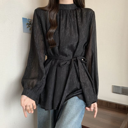 Design Lace-up Waisted Long-sleeved Shirt Women
