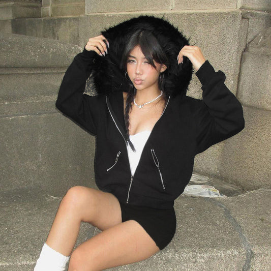 Black Zipper Divided Print Fleece Hooded Sweatshirt