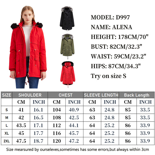 Abbigliamento autunnale e invernale da donna con grande collo in pelliccia, cappotto in cotone con cappuccio staccabile, foderato in pile spesso e caldo