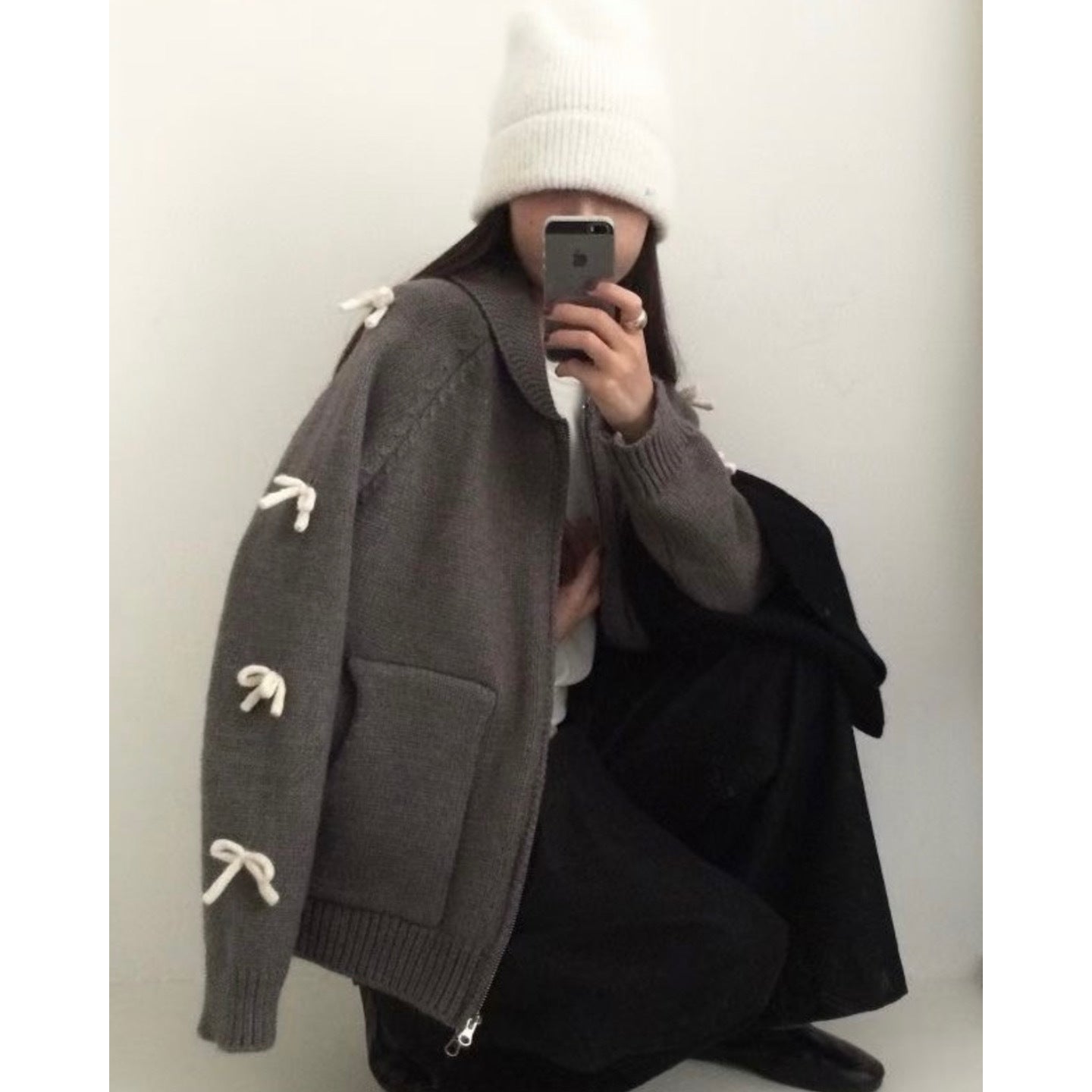 Bow Lazy Cardigan All-matching Lapel Zipper Sweater Coat