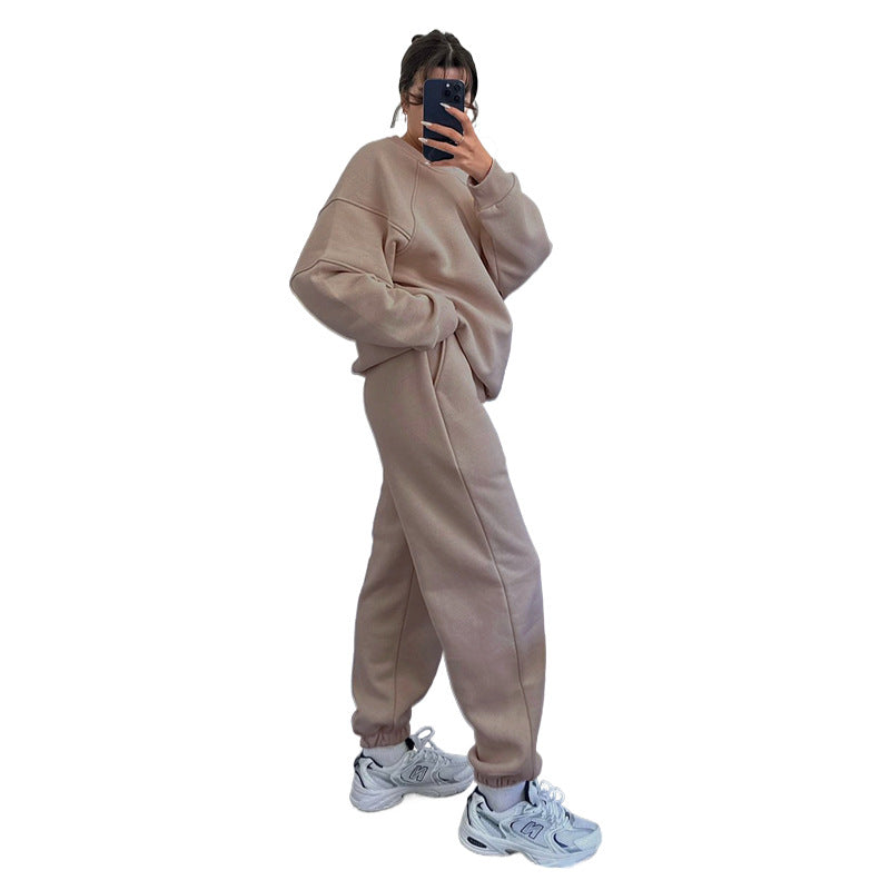 Solid Color Round Neck Long Sleeve Sweatshirt Women's Fashion Casual Loose Pants Suit