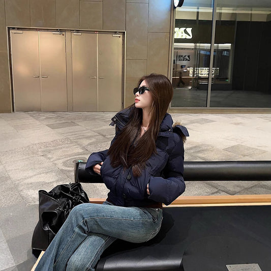 Big Fur Collar Hooded Short Down Jacket Women's Warm Jacket