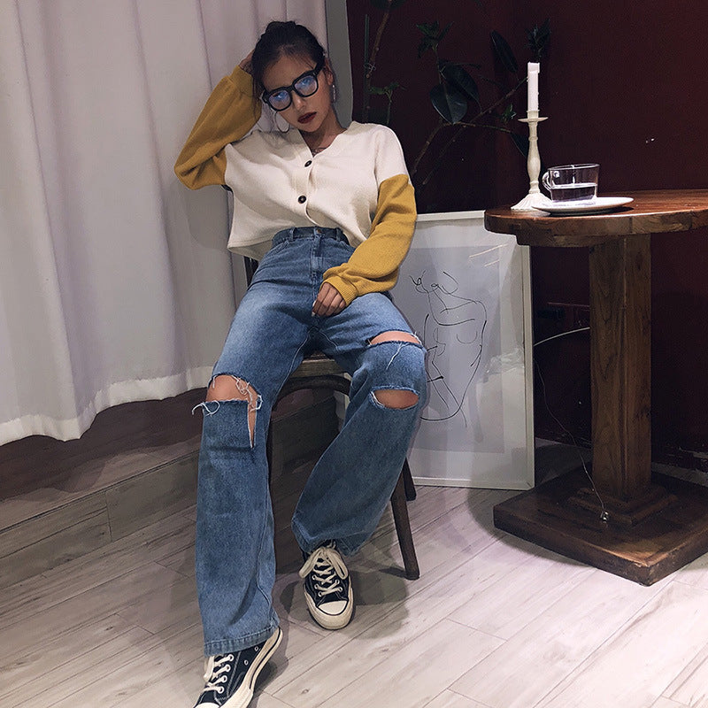 New style ripped high-rise wide-leg jeans
