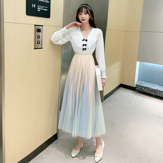 Spring And Autumn Double Layer Mesh Bubble Skirt Gradient