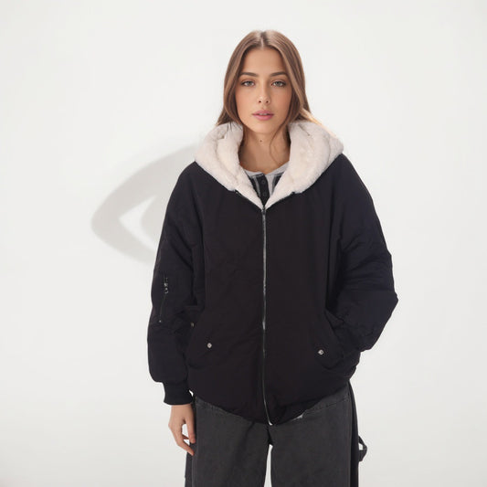 Double-sided Zipper Hooded Pocket Loose Thick Plush Coat