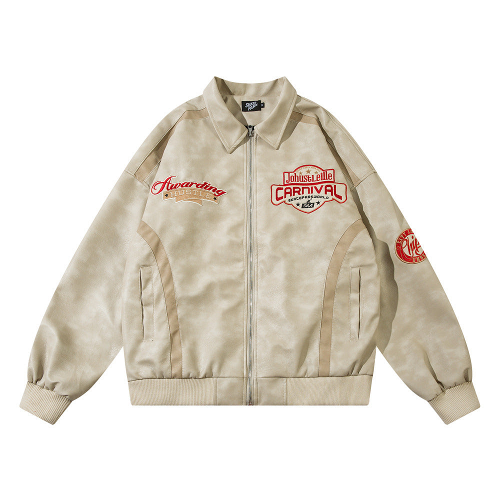 European And American Letters Affixed Cloth Embroidered Loose Leather Coat Coat