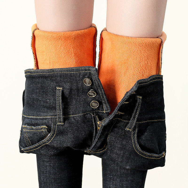 Plush padded jeans women's high-waisted trousers