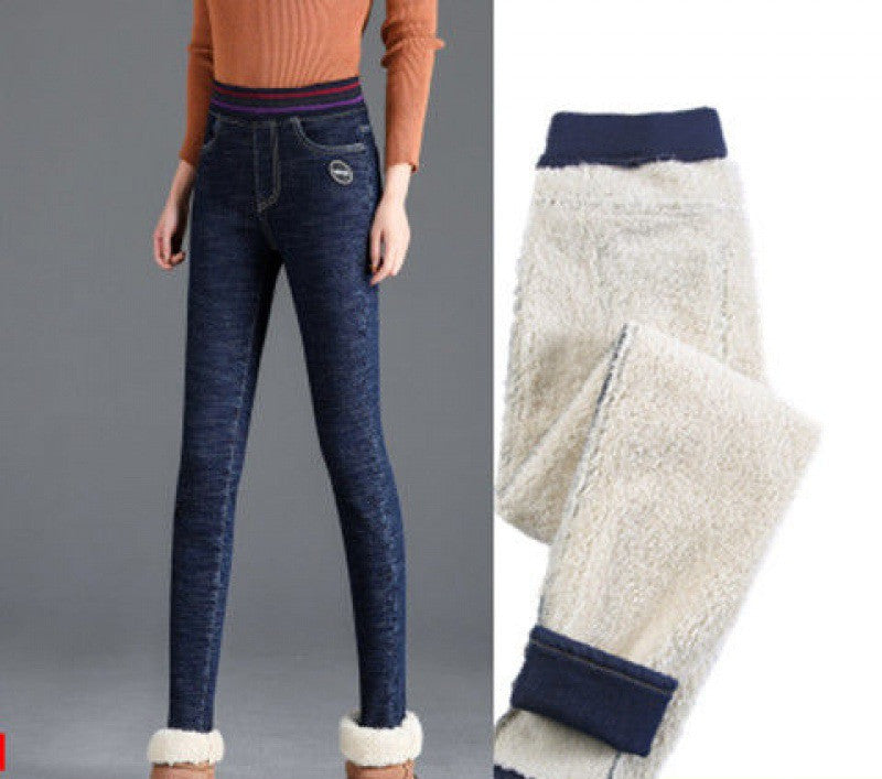 Women's warm stretch and velvet elastic waist jeans for winter
