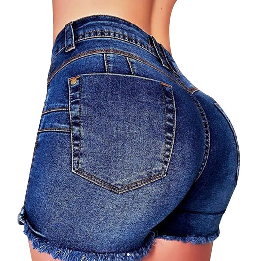 High-waisted dark blue hot pants with frayed edges