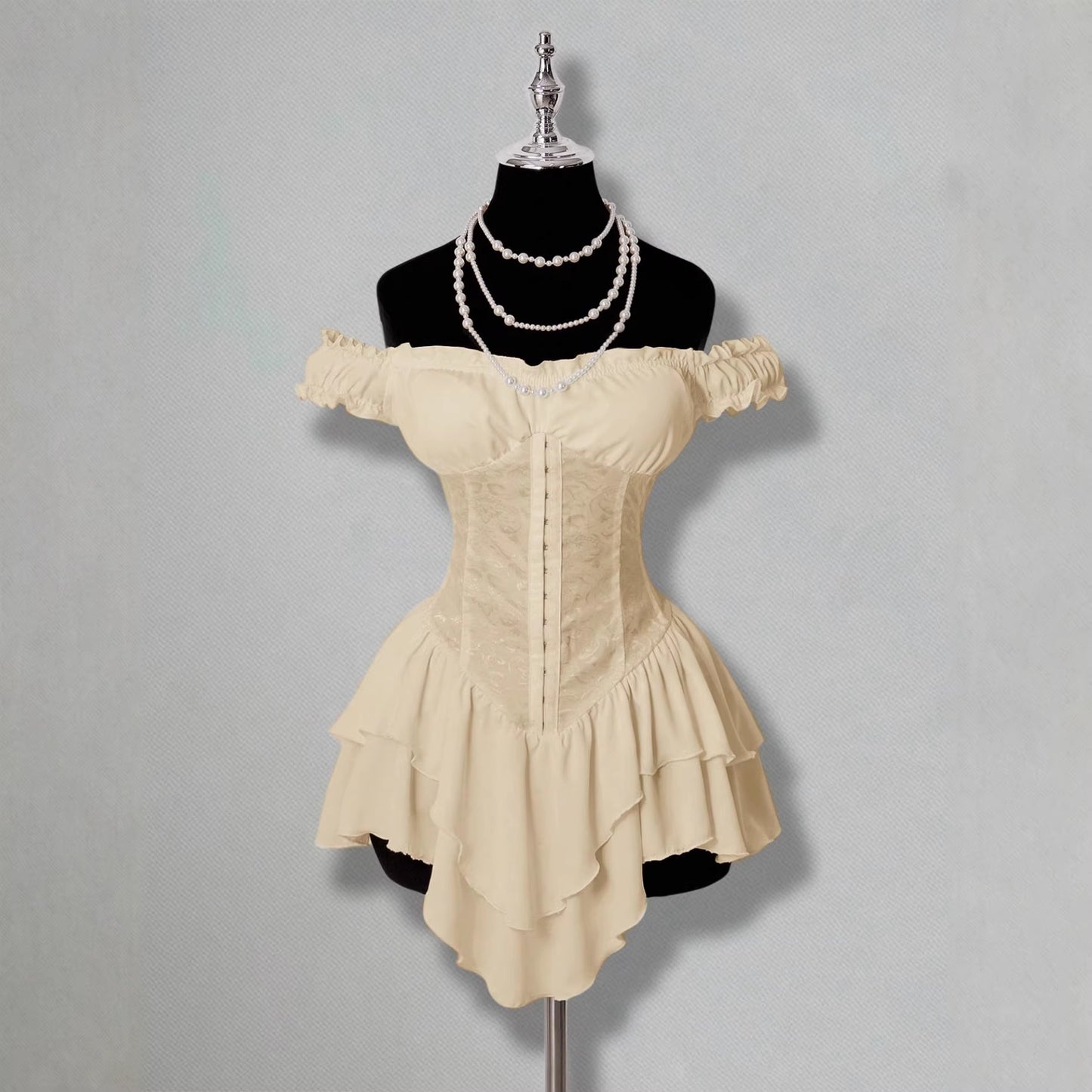 Jacquard Patchwork Ruffled Lotus Leaf Dress
