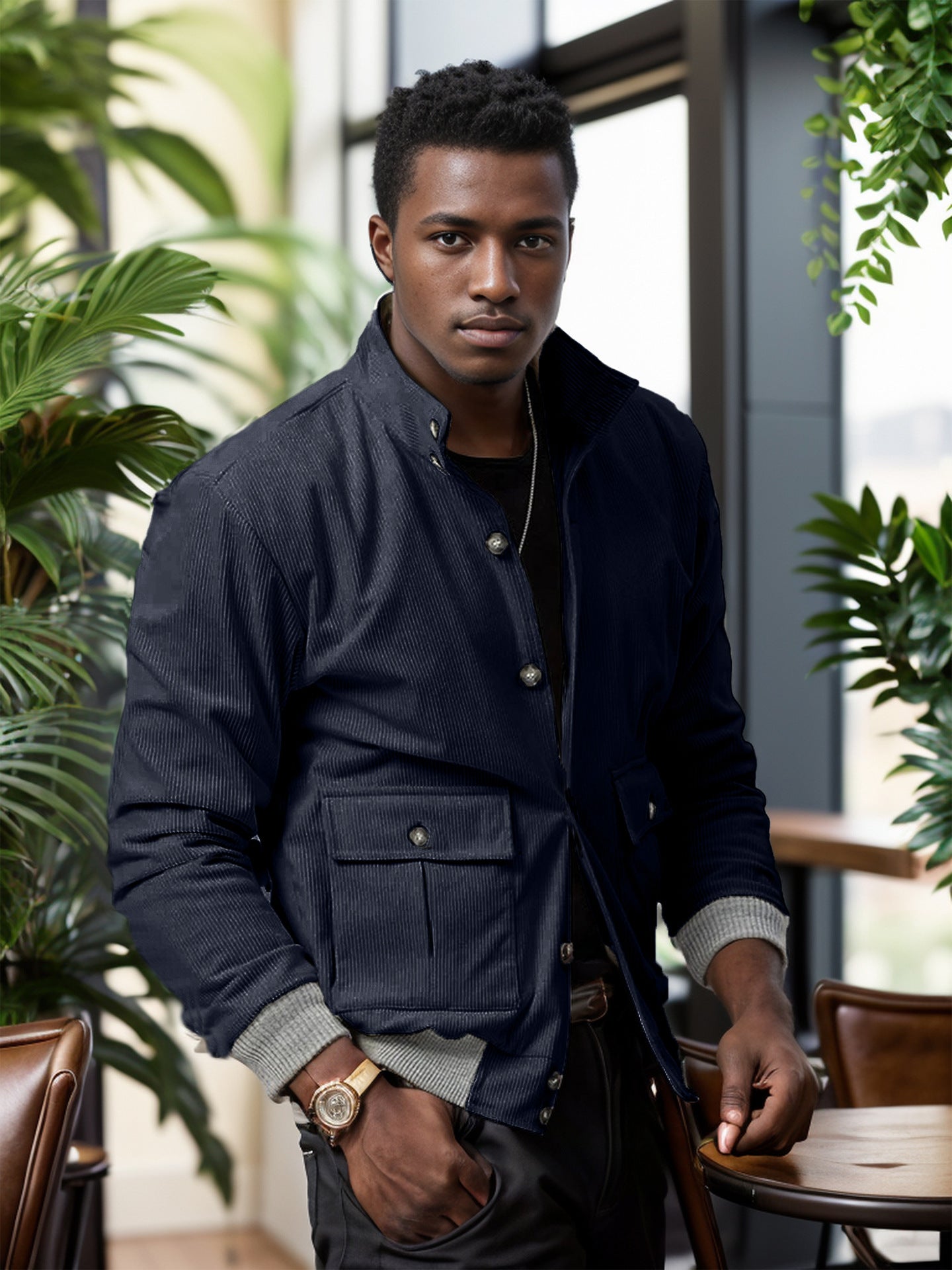 Men's Rib Color Matching Long Sleeve Fashionable Jacket