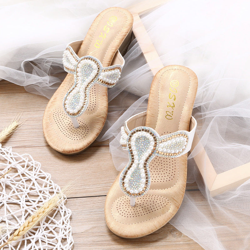 Women's shoes with rhinestone and pearl accessories