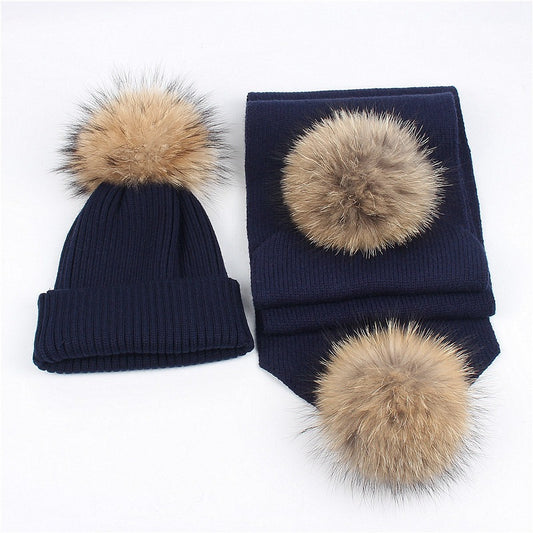Outdoor warm raccoon fur ball wool hat scarf set