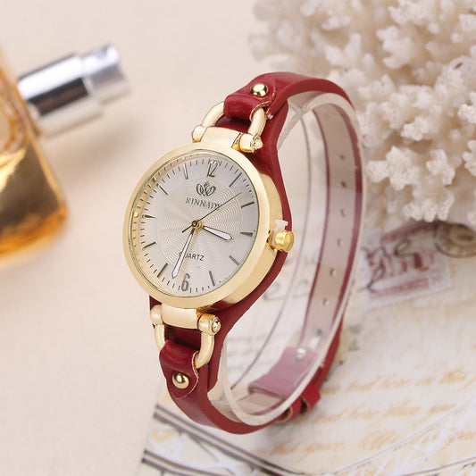 Quartz watch ladies leather strap solid color