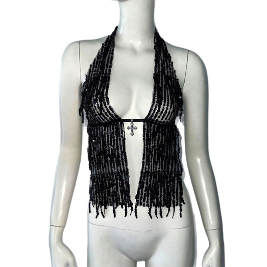 Halterneck With Suspenders Top Sequined Lace-up Tight Vest