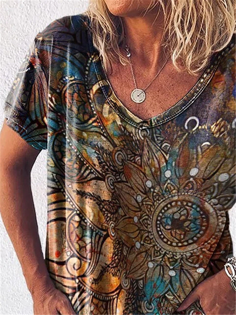 Vintage Printed V-neck Thin Casual T-shirt