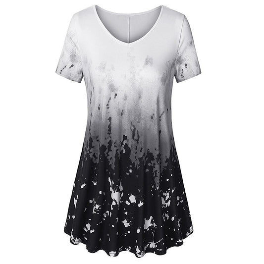 Summer Women Vintage Print Long T Shirt Ladies Short Sleeve V Neck Female Tee Top Casual Loose Tops Plus Size 5XL 6 Color