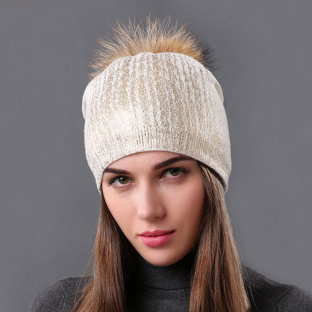 Warm Wool Knitted Hat Women's Hot Gold And Silver Color Women