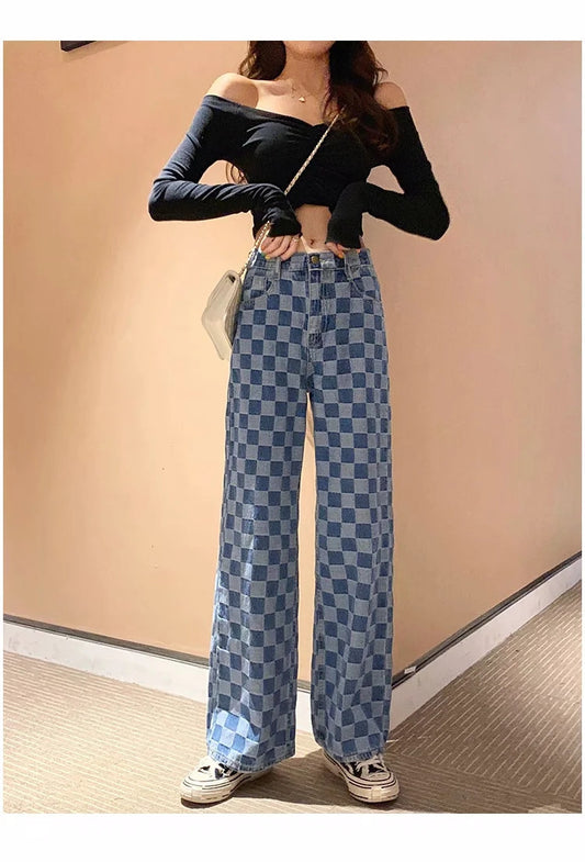 Checked Slacks With High Waists And Slimming