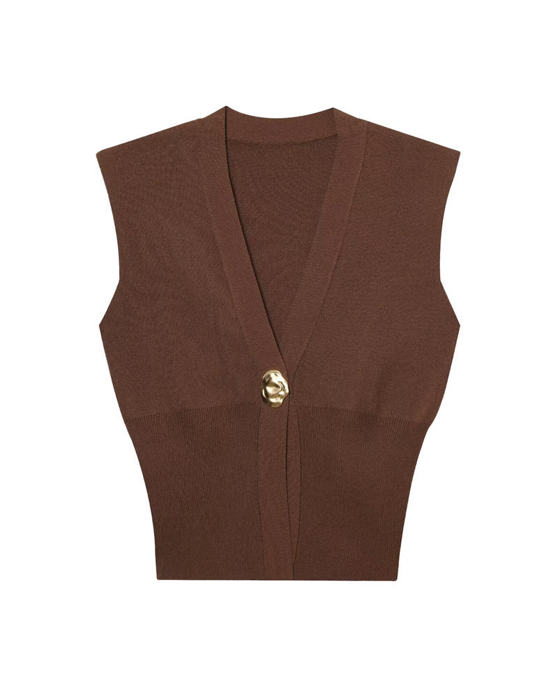 V-neck Knitted Vest Top With One Button