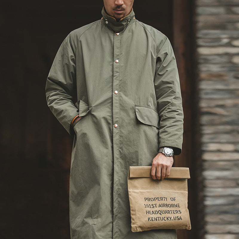 Retro Hooded Over-the-knee Cycling Windbreaker Drawstring Corduroy Panel Coat