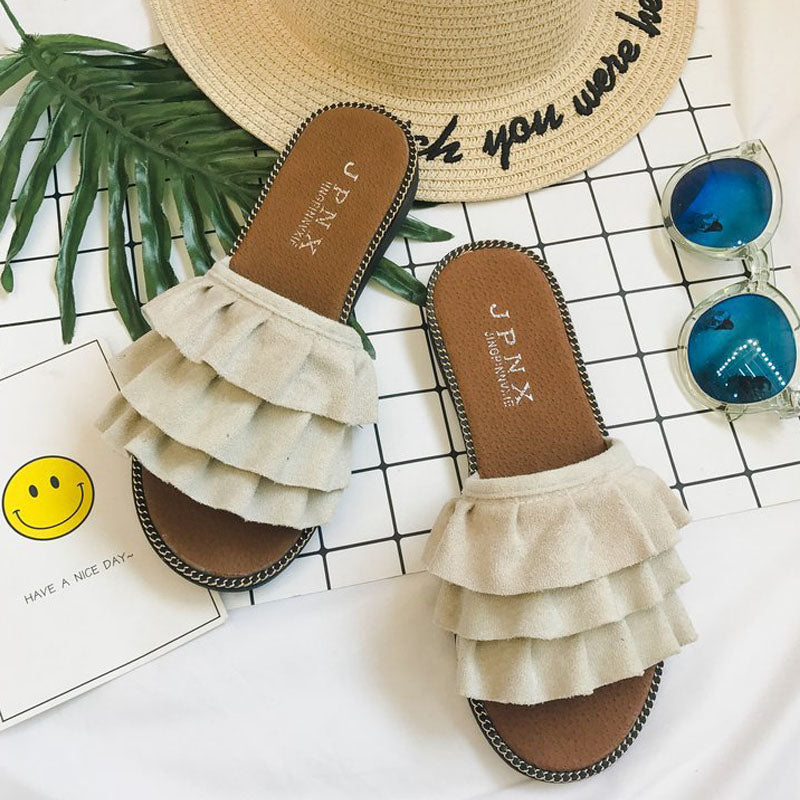 Fashion Women's Ruffled Flat Slippers Wear Flip-Flops Outside