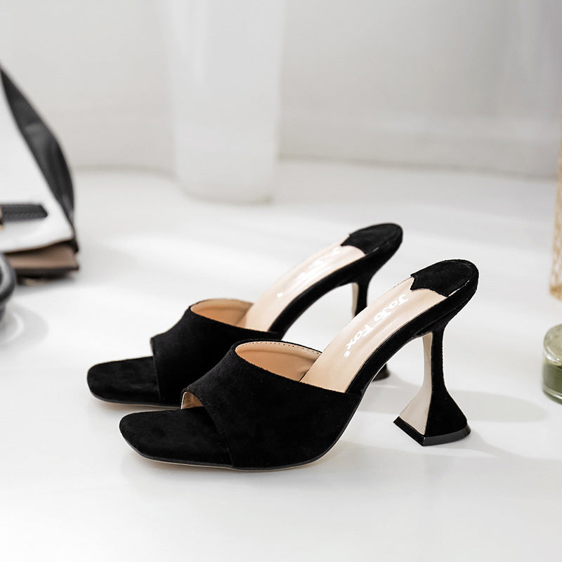 Suede Square Head Wine Glass With High-heeled Dress Catwalk Thick Heel OL Half Slippers