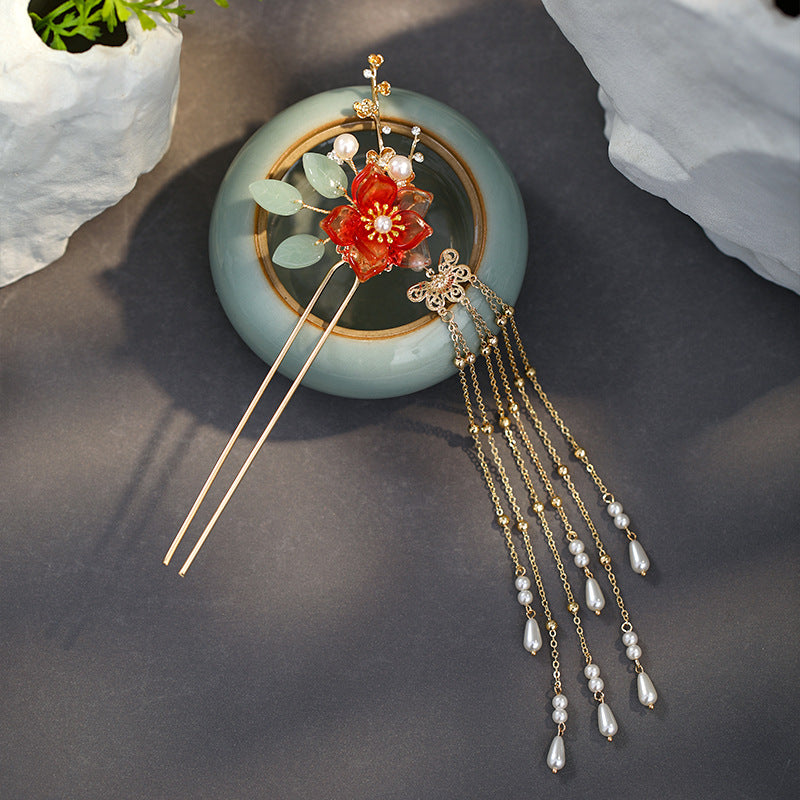 Fringed Red Imitation Jade Flower Hairpin