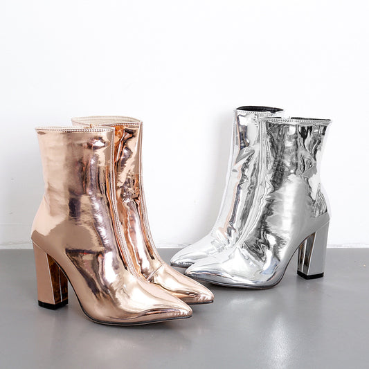 Patent Leather Shiny Pointed Toe Thick High Heel Boots Women Boots