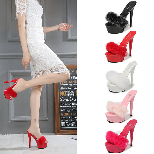 Rabbit Hair Special High-heeled Shoes With ThinSsexy Black