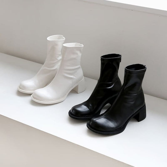 Thick High Heel Round Toe Thin Short Boots With Zipper