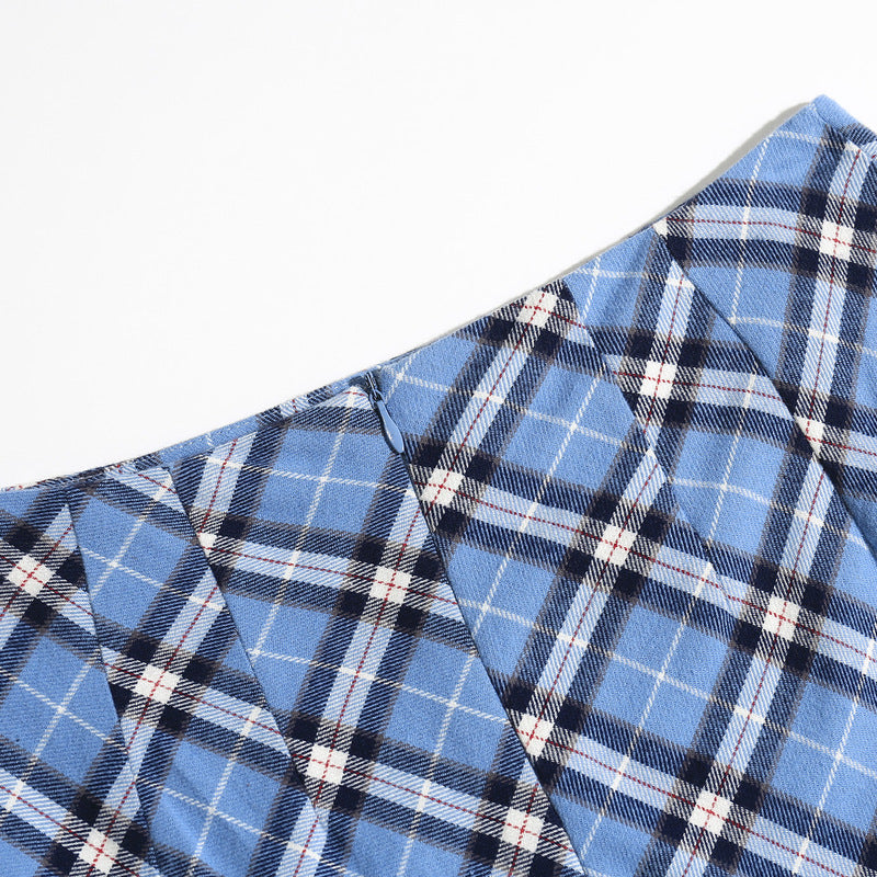 Blue Diagonal Plaid High Waist Bag Hip Slit Short Skirt